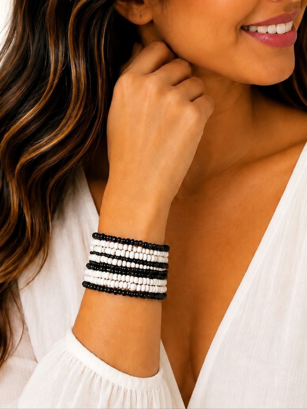 💎Black White Beaded Stretch Cuff Bracelet Boho Layered Stack